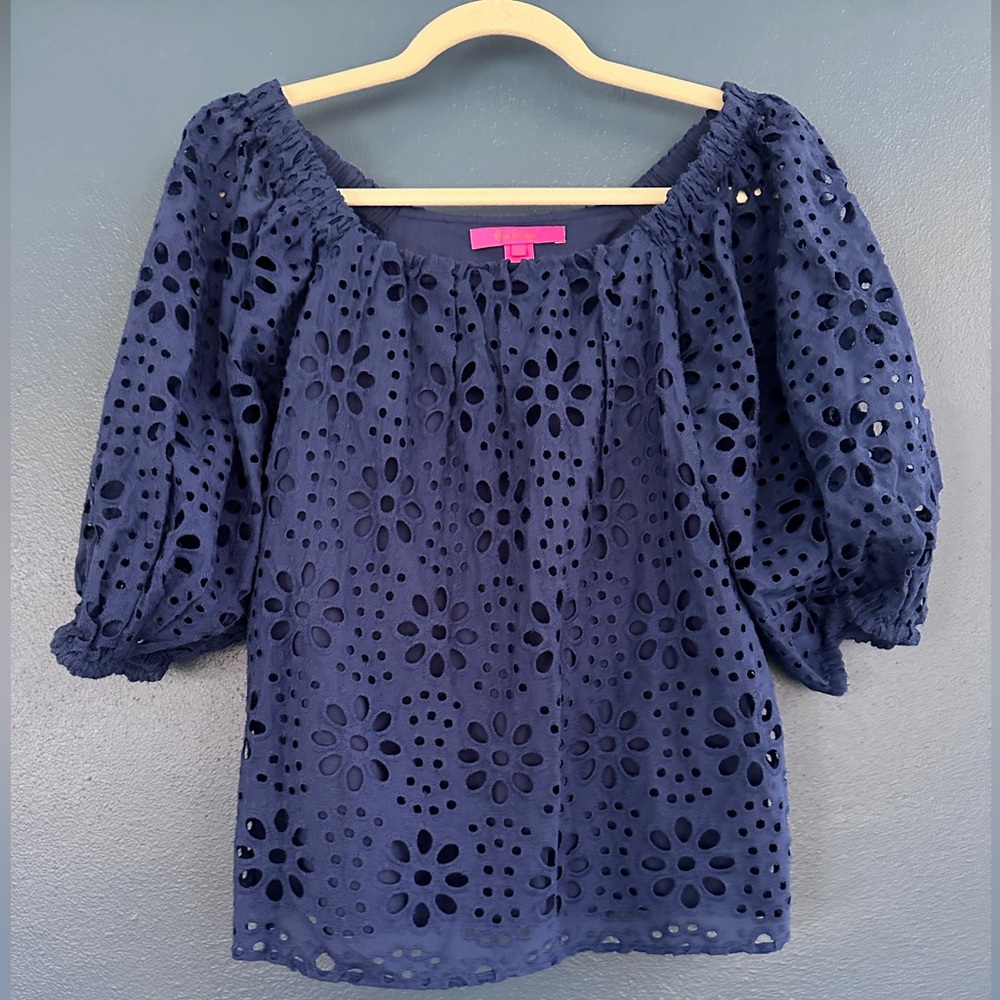 Lilly Pulitzer Blue Blouse Puff Sleeve Embellished